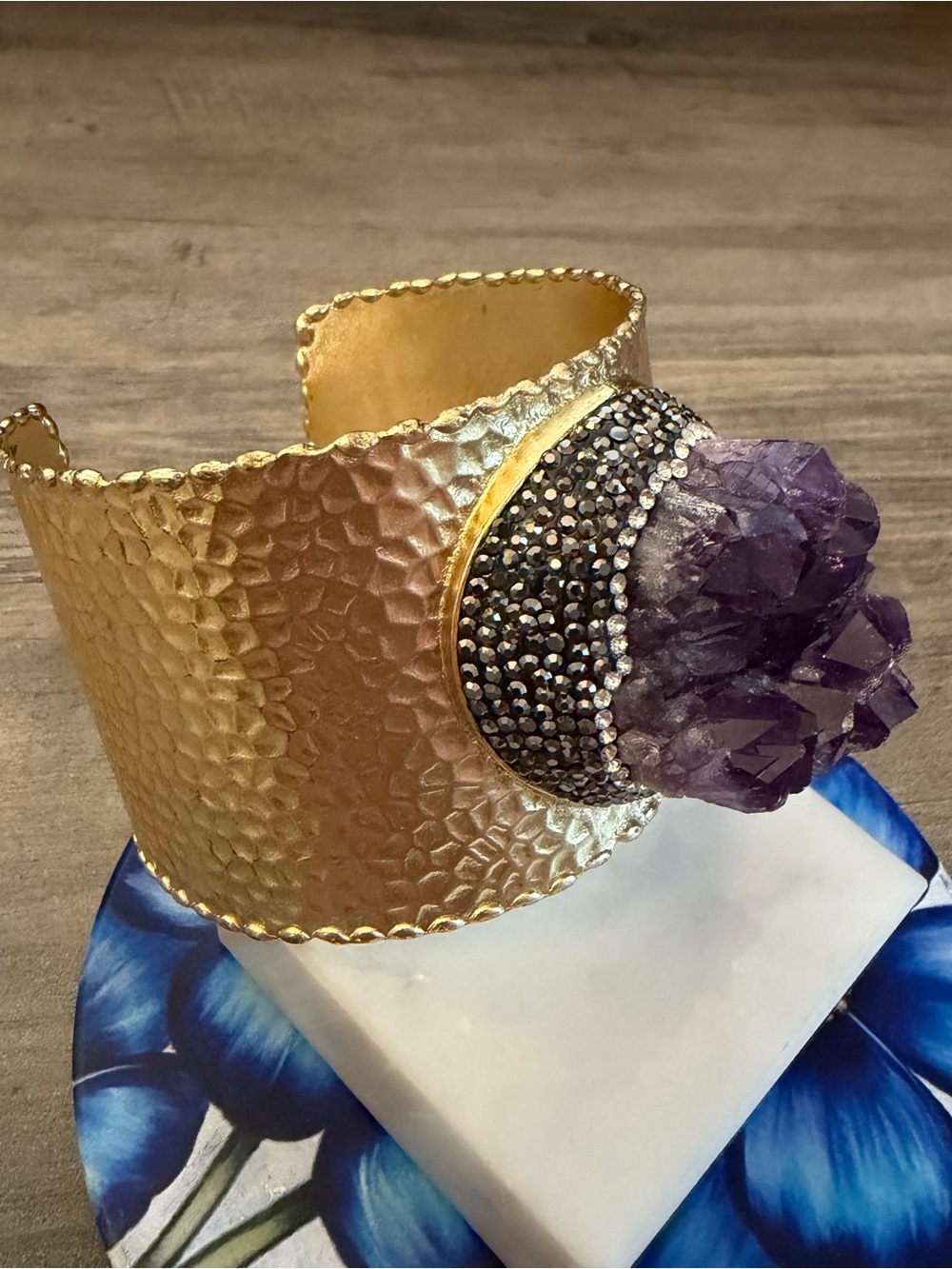 Gold Hammered Amethyst Geode Marcasite Crystal Statement Wide Cuff Bracelet #K86